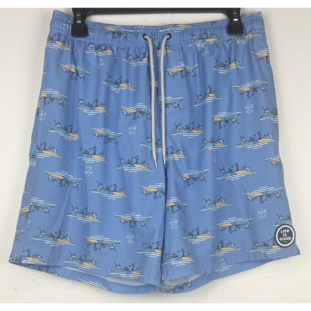 Life Is Good Men's Swim Trunks Swimsuit Bathing Suit Medium Blue Boat Water, Med